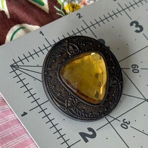 Antique Victorian Jeweled Button – Large 2” Amber Rhinestone w Ornate Metalwork